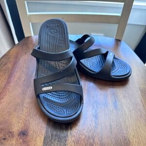 Crocs Patricia Wedge Sandals Womens 9 Black Multi Strap Slide Shoes